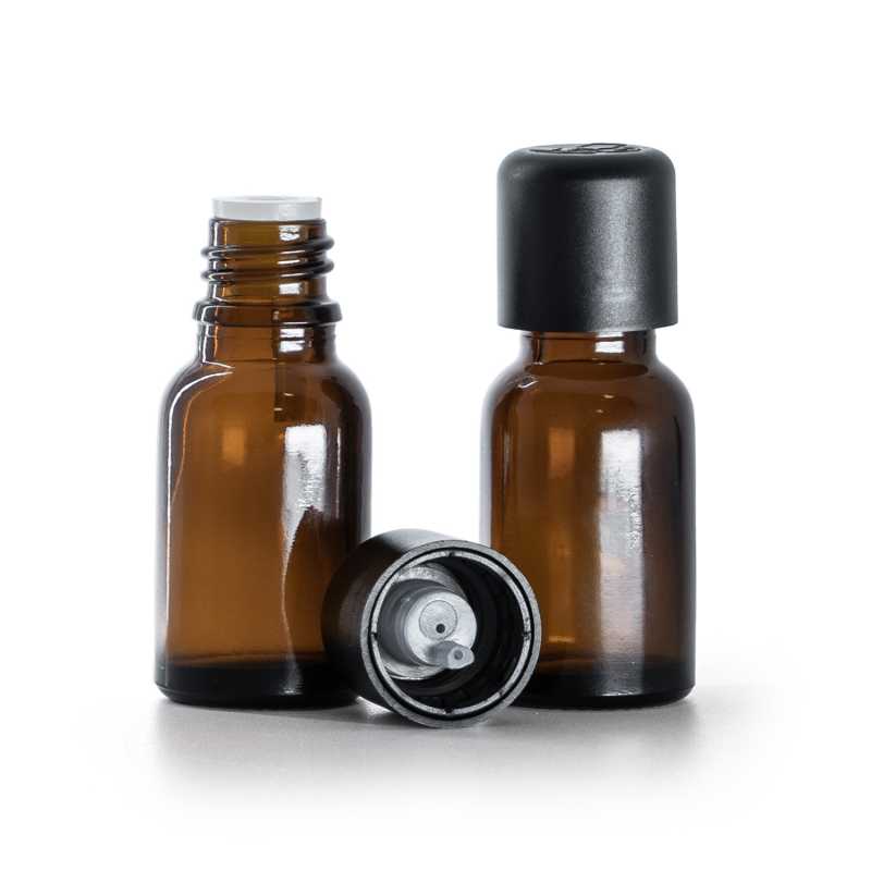 Frasco de vidrio topacio, tapón de seguridad inviolable negro con cuentagotas, 15 ml