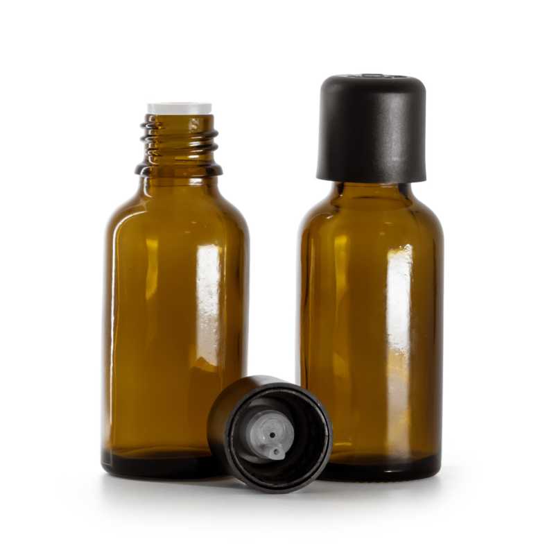 Frasco de vidrio, ámbar, tapón de seguridad inviolable negro con cuentagotas, 30 ml