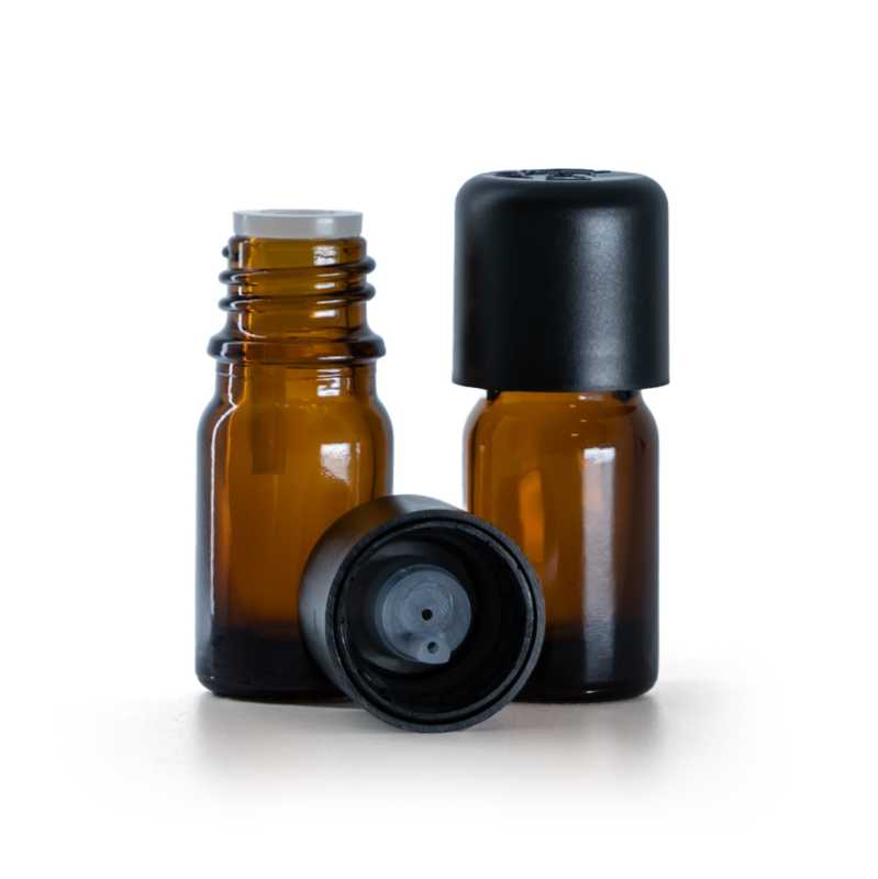 Frasco de vidrio ámbar, tapón de seguridad inviolable negro con cuentagotas, 5 ml