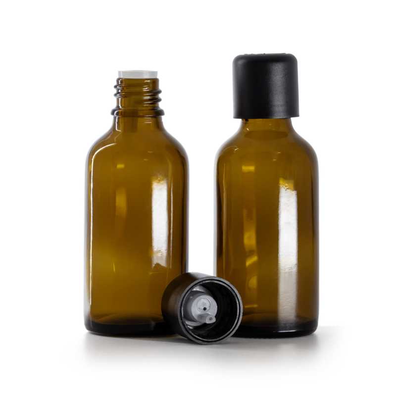 Botella de vidrio ámbar, tapón de seguridad inviolable negro con cuentagotas, 50 ml