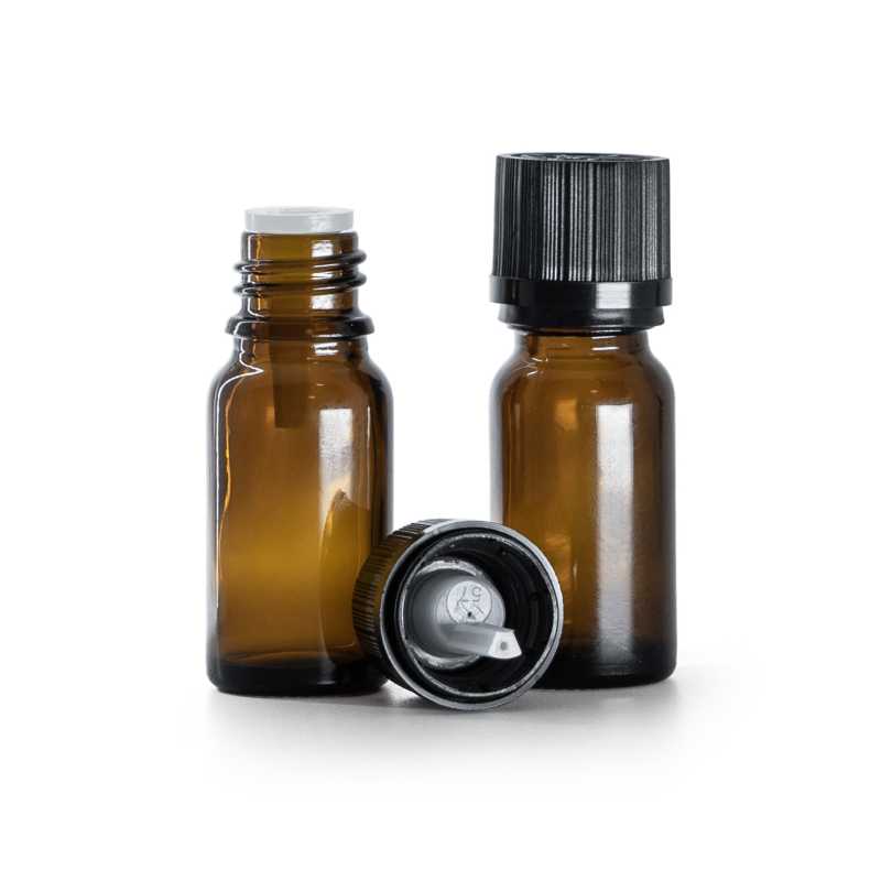 Frasco de vidrio ámbar, cuentagotas, tapón de seguridad negro, 10 ml