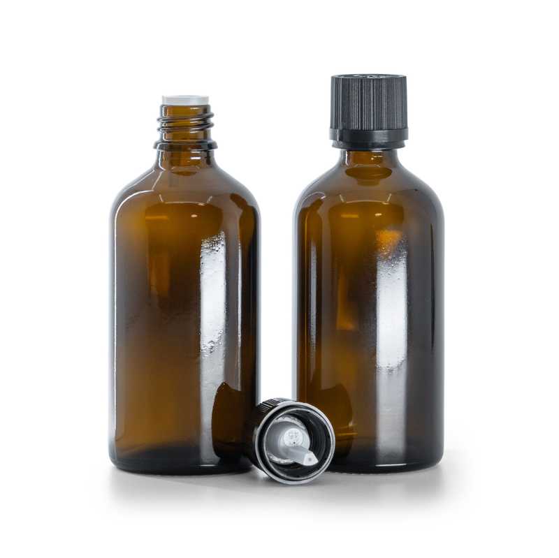 Botella de vidrio ámbar, tapón de seguridad negro con cuentagotas, 100 ml