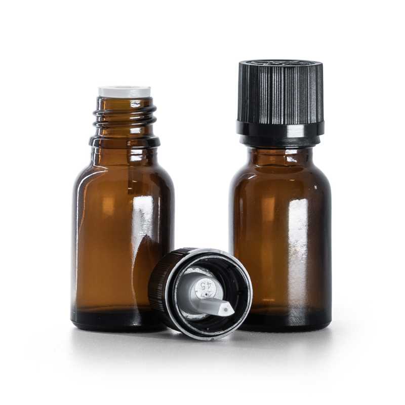 Frasco de vidrio topacio, tapón de seguridad negro con cuentagotas, 15 ml