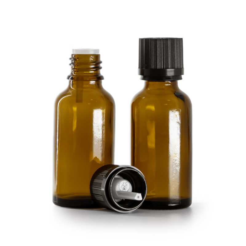 Botella de vidrio, ámbar, tapón de seguridad negro con cuentagotas, 30 ml