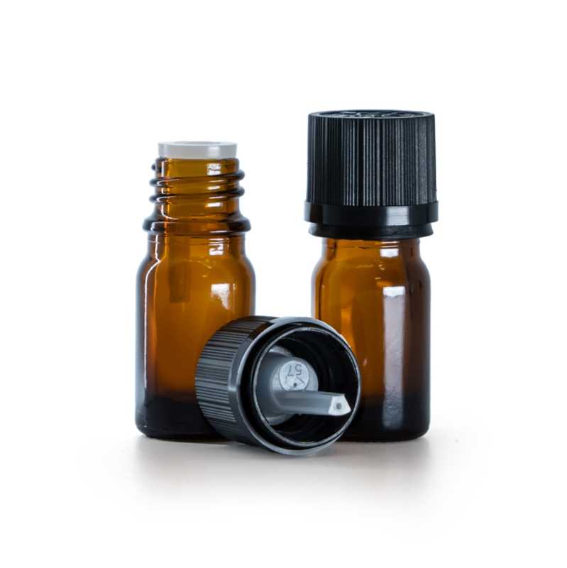 Frasco de vidrio ámbar, tapón de seguridad negro con cuentagotas, 5 ml