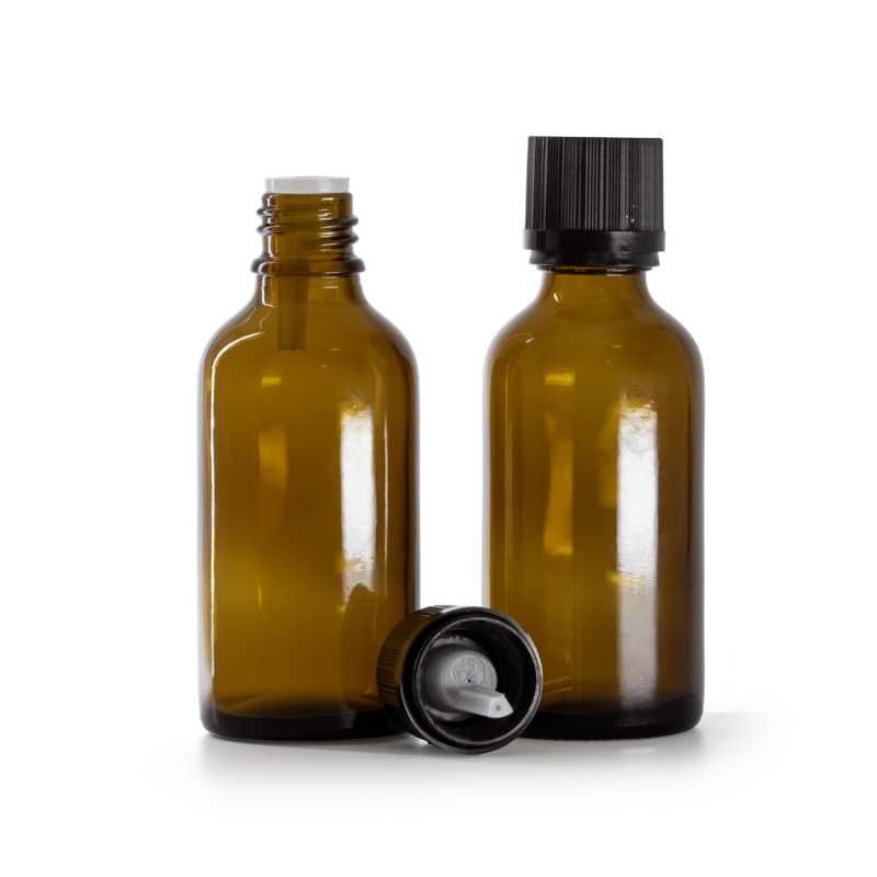 Frasco de vidrio ámbar, tapón negro de seguridad con cuentagotas, 50 ml