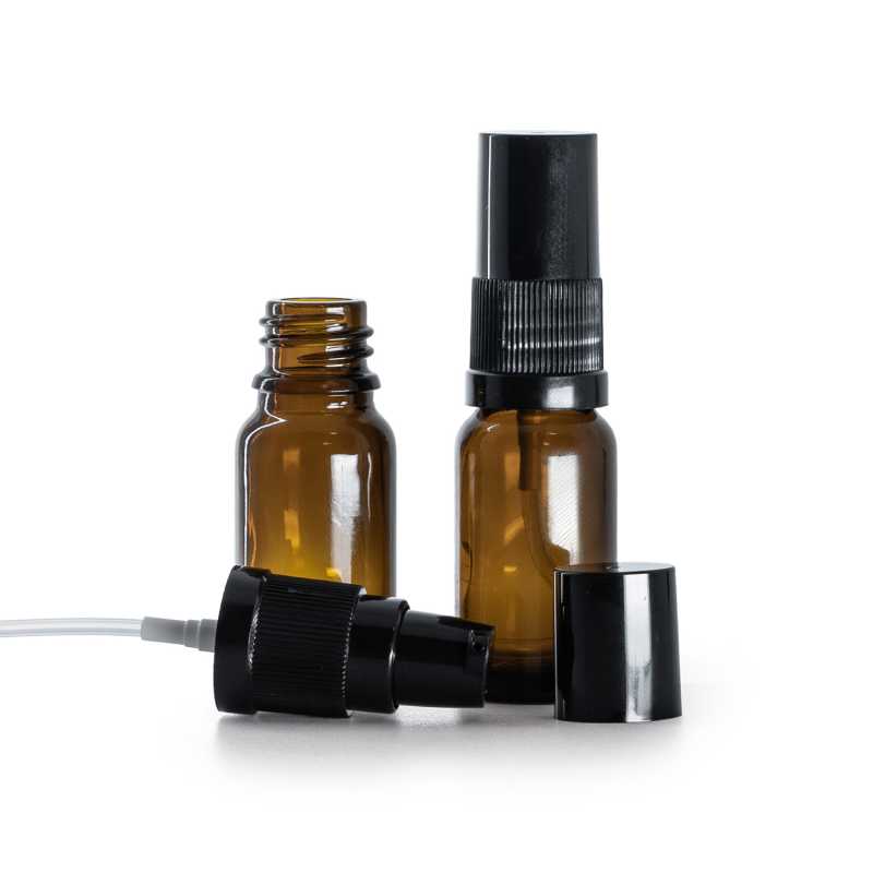 Frasco de vidrio ámbar, dosificador de loción negro con tapa negra, 10 ml