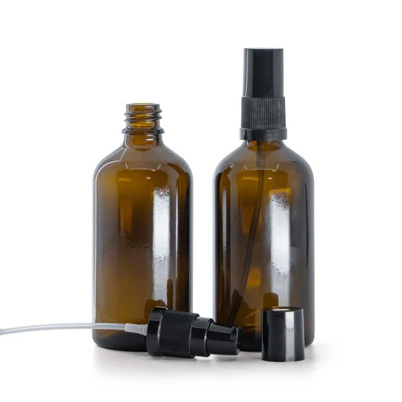 Botella de vidrio, para loción, ámbar, bomba de loción negra con tapa negra, 100 ml