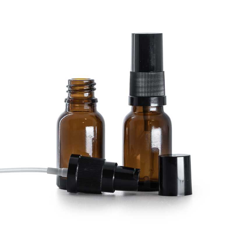 Envase de vidrio ámbar, dispensador de loción negro con tapa negra, 15 ml
