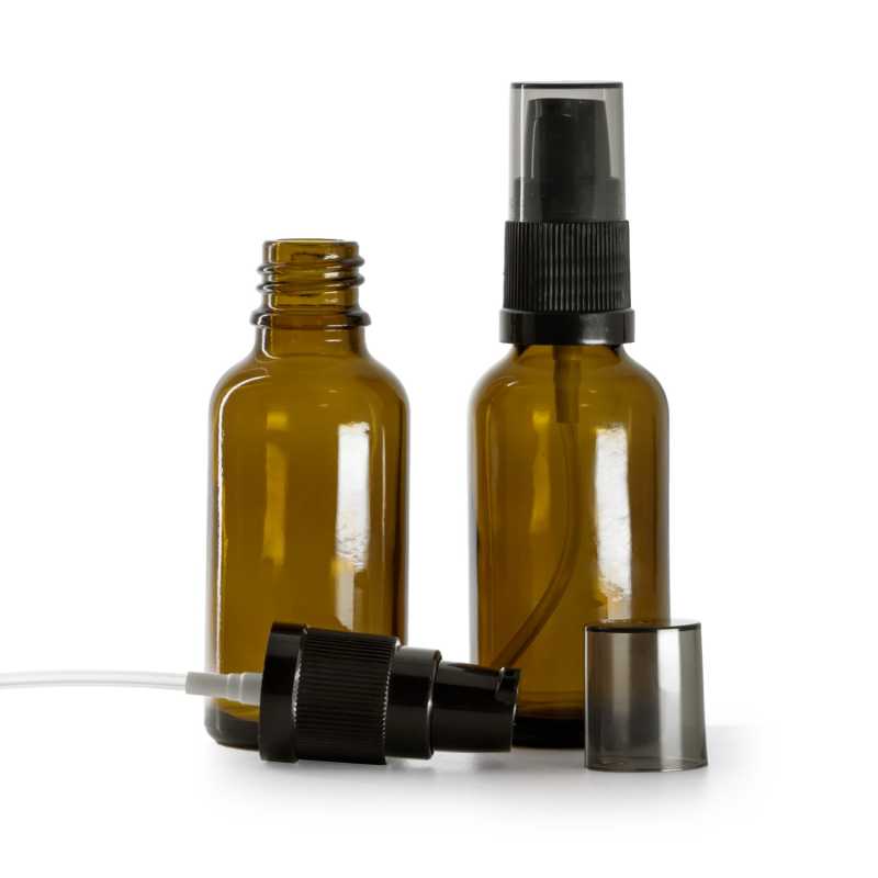 Frasco de vidrio ámbar, bomba loción con sobretapa ahumada, 30 ml