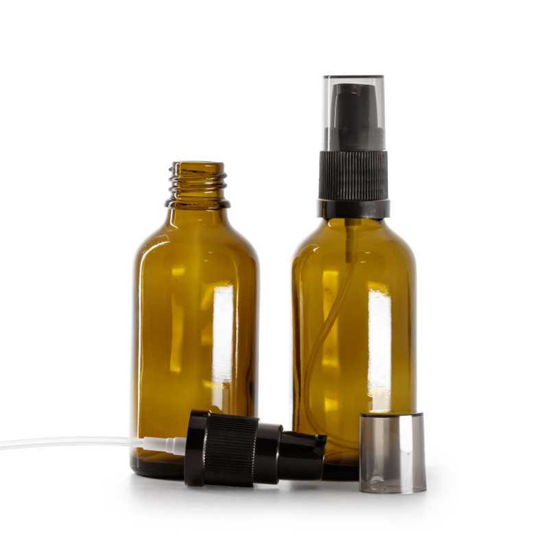 Frasco de vidrio ámbar, dispensador de loción con sobretapa ahumada, 50 ml
