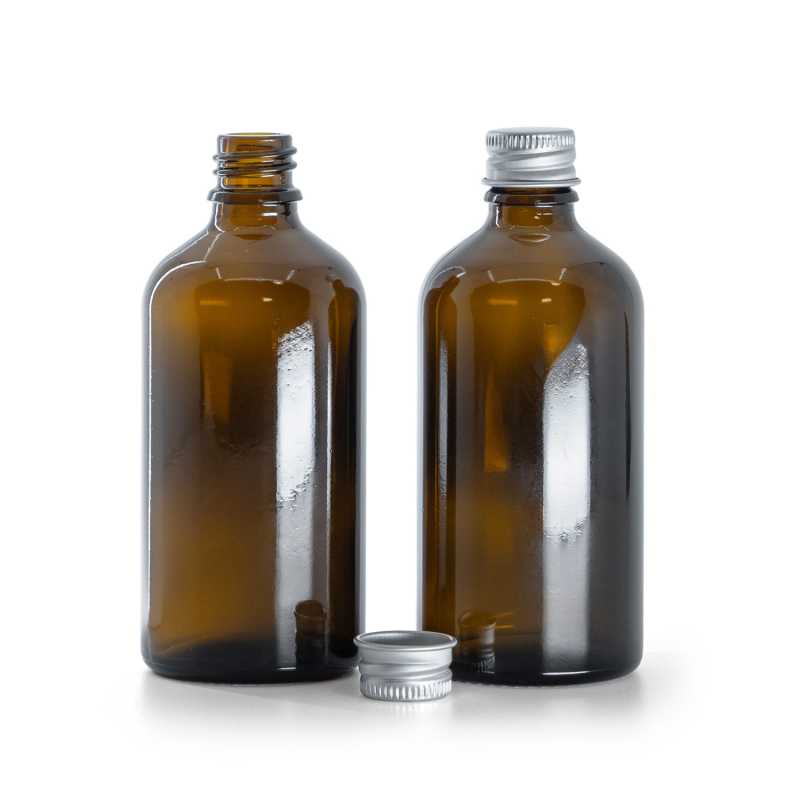 Botella de vidrio, ámbar, tapón de aluminio, 100 ml