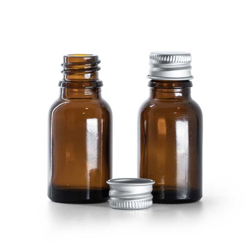 Botella de vidrio ámbar, tapón de aluminio, 15 ml