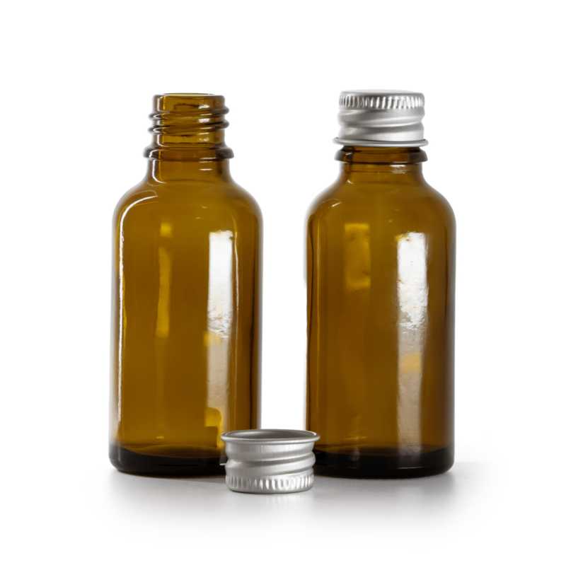 Botella de vidrio ámbar, tapón de aluminio plateado, 30 ml