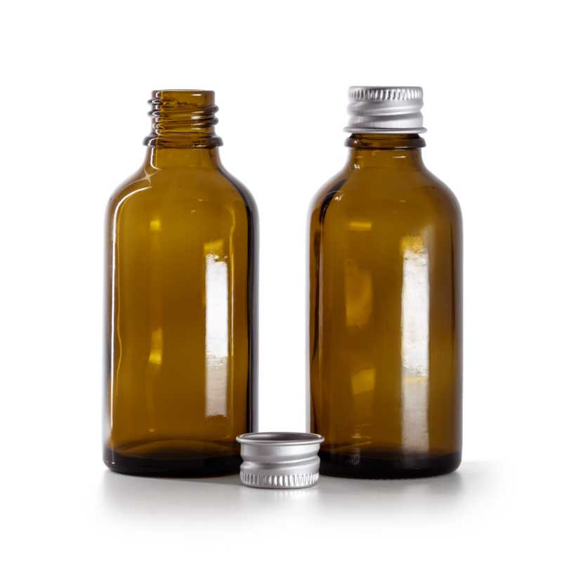 Botella de vidrio ámbar, tapón de aluminio plateado, 50 ml