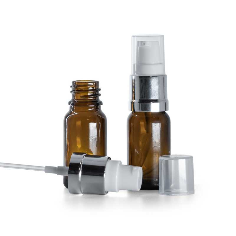 Frasco de vidrio ámbar, dosificador blanco plateado brillante, 10 ml