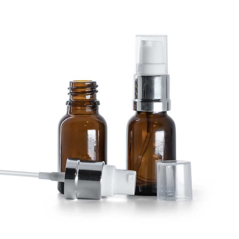 Frasco de vidrio ámbar, dosificador blanco plateado brillante, 15 ml
