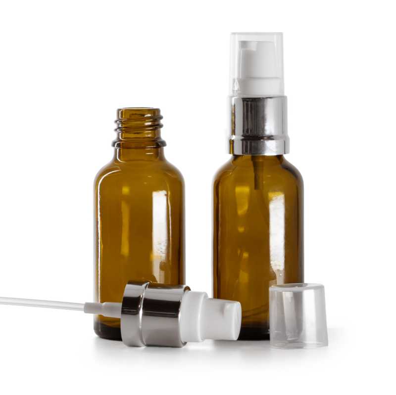 Frasco de vidrio, ámbar, dispensador blanco plateado brillante, 30 ml