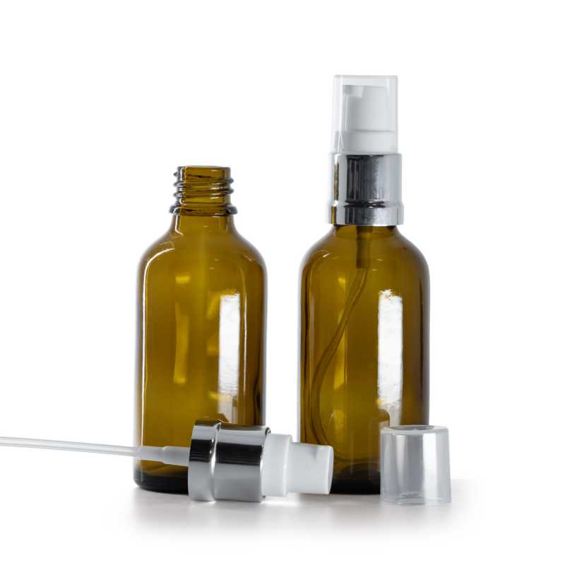 Botella de vidrio, ámbar, dispensador blanco plata brillante, 50 ml