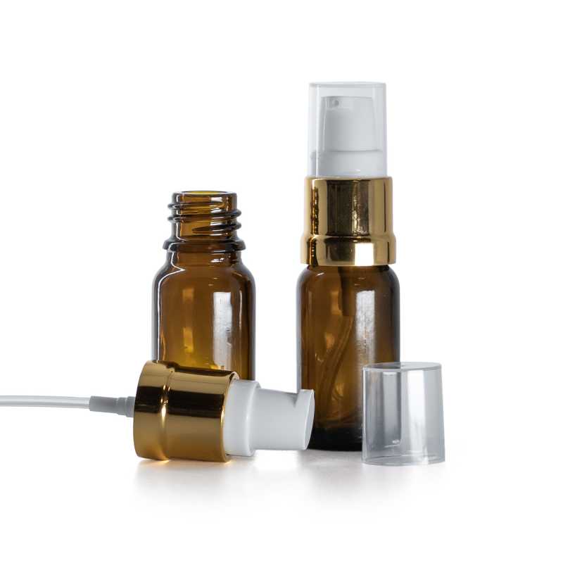 Frasco de vidrio ámbar, dosificador blanco oro brillante, 10 ml