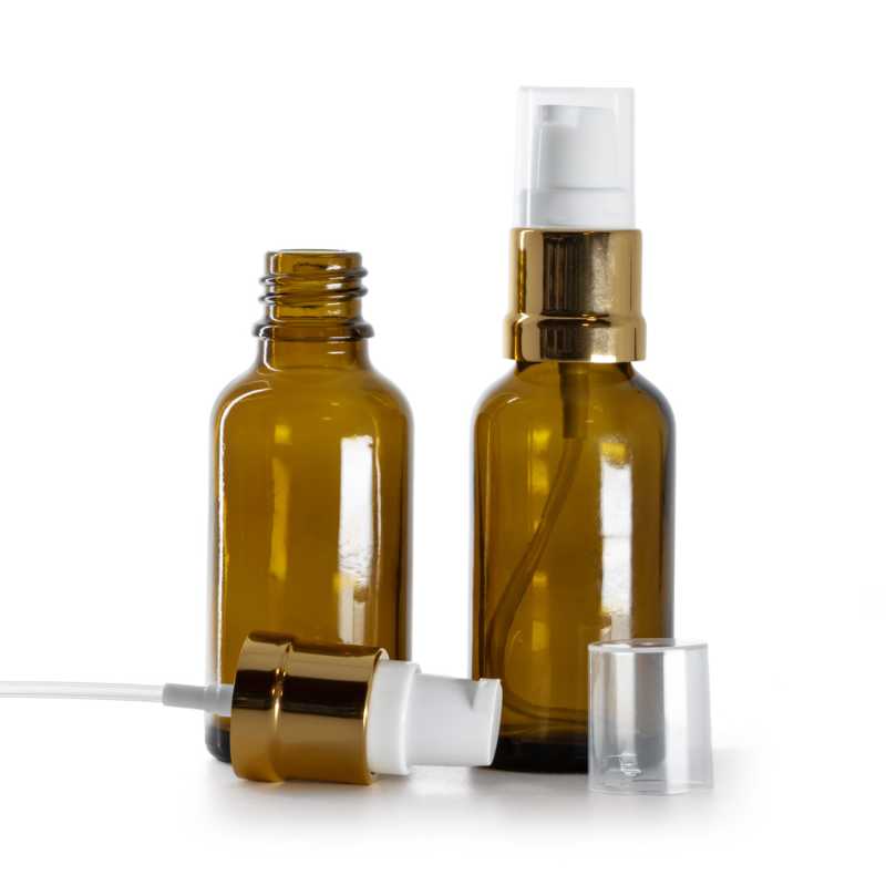 Frasco de vidrio ámbar, dispensador blanco dorado brillante, 30 ml
