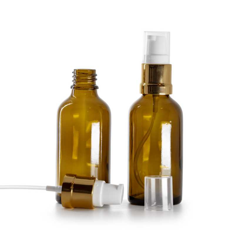 Botella de vidrio, ámbar, dispensador blanco dorado brillante, 50 ml