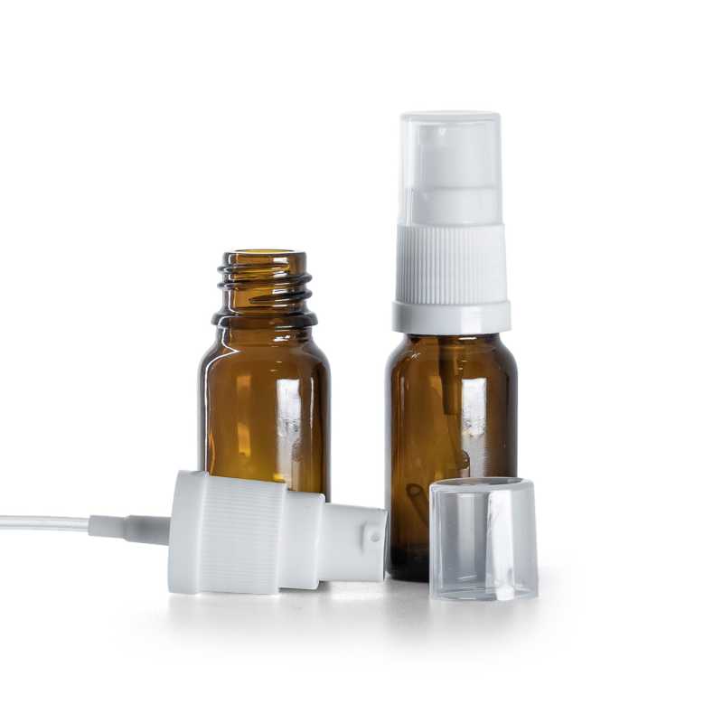 Frasco de vidrio ámbar, dosificador blanco, 10 ml