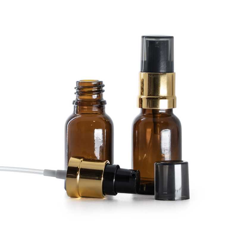 Frasco de vidrio ámbar, bomba negra y dorada brillante con sobretapa ahumada, 15 ml