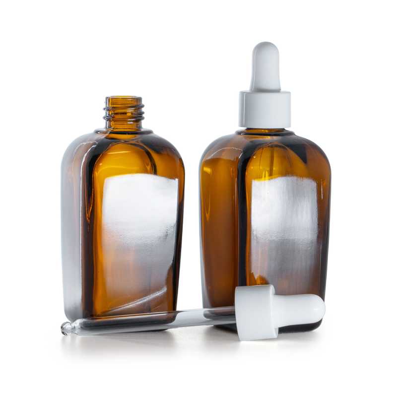 Frasco de vidrio ámbar cuadrado, gotero blanco brillante, 90 ml