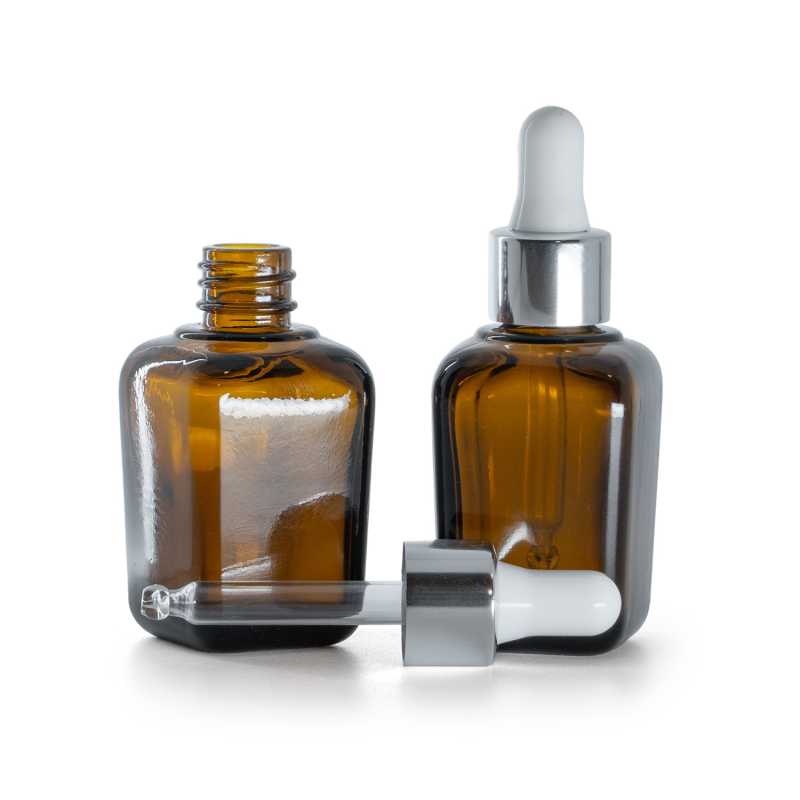 Frasco de vidrio ámbar cuadrado, cuentagotas plateado brillante, 30 ml