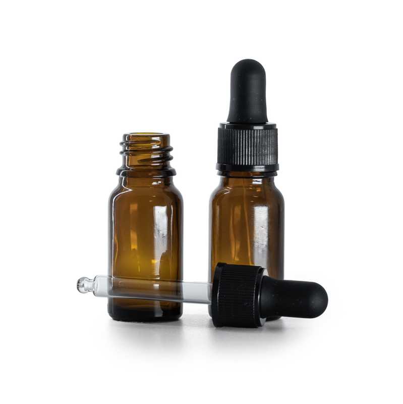 Frasco de vidrio ámbar, cuentagotas negro mate, 10 ml