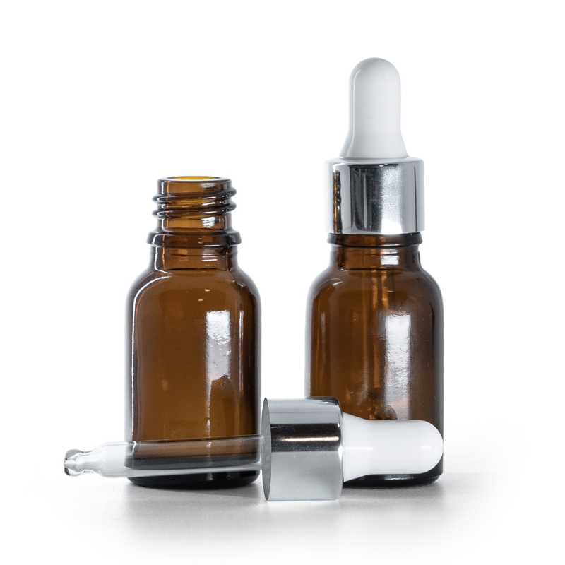 Botella de vidrio, gotero plateado brillante, 15 ml
