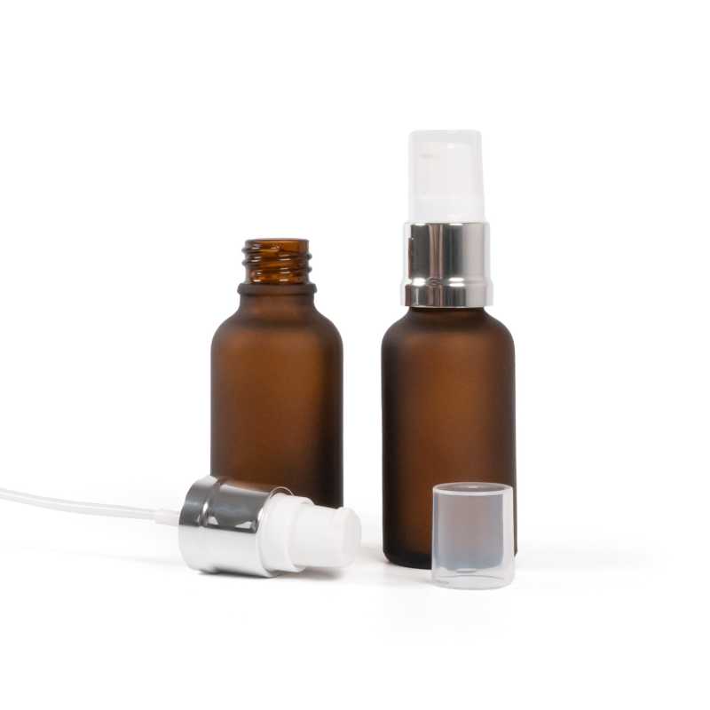 Frasco de vidrio, ámbar mate, dosificador blanco plateado brillante, 30 ml