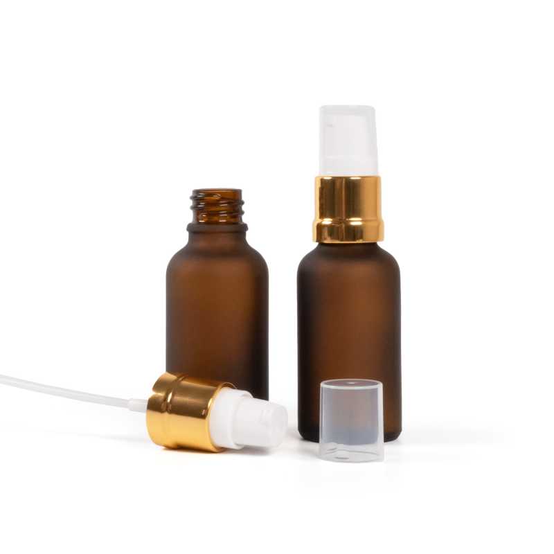 Botella de vidrio, ámbar mate, dispensador blanco dorado brillante, 30 ml