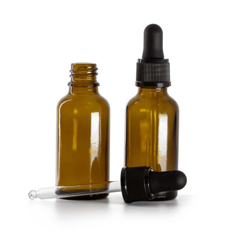 Botella de vidrio, ámbar, cuentagotas negro mate, 30 ml