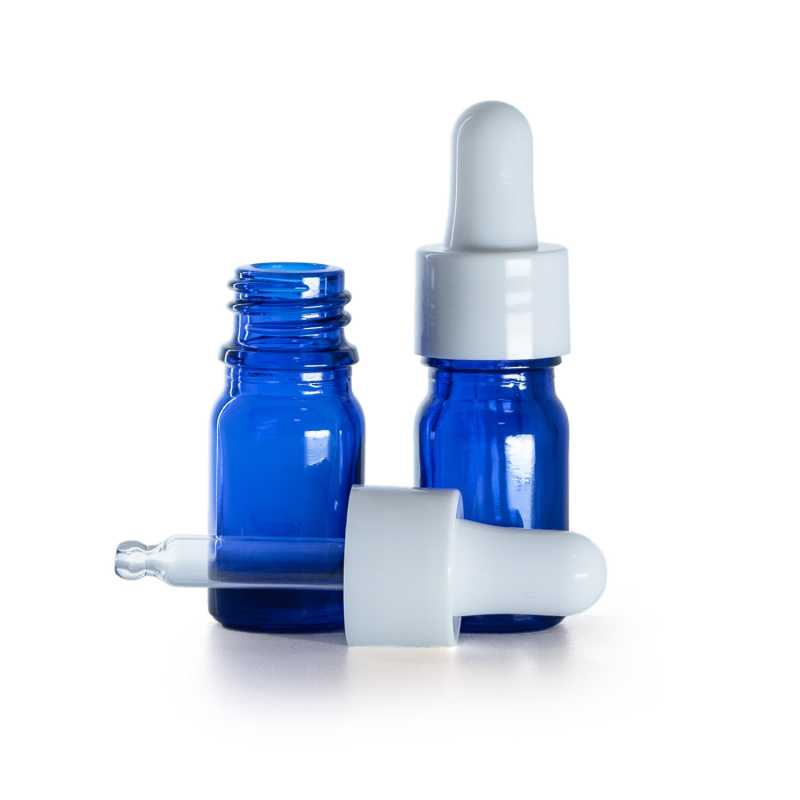 Botella de vidrio, azul, cuentagotas blanco brillante, 5 ml