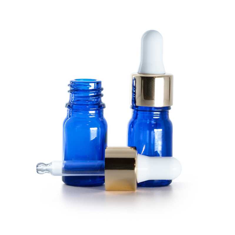 Botella de vidrio, azul, cuentagotas blanco dorado, 5 ml