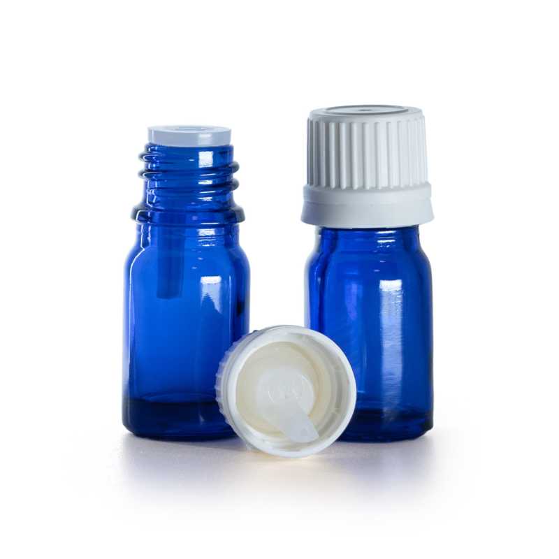Frasco de vidrio azul, tapón blanco con cuentagotas, 5 ml
