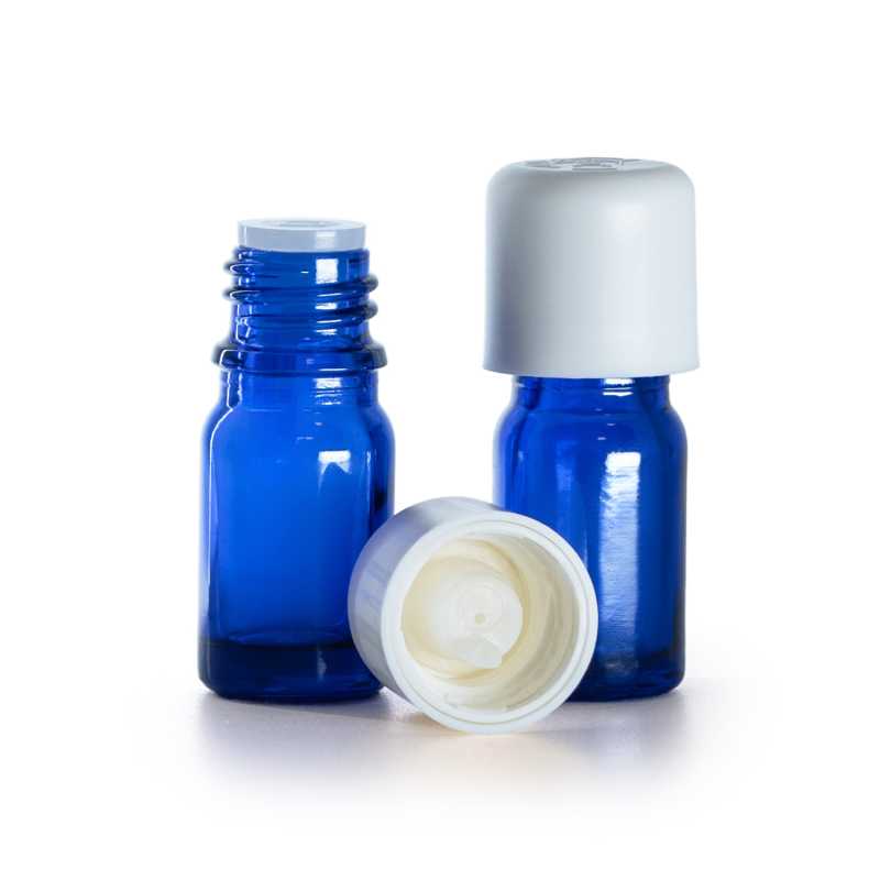 Botella de vidrio, azul, tapón cuentagotas de seguridad blanco, 5 ml