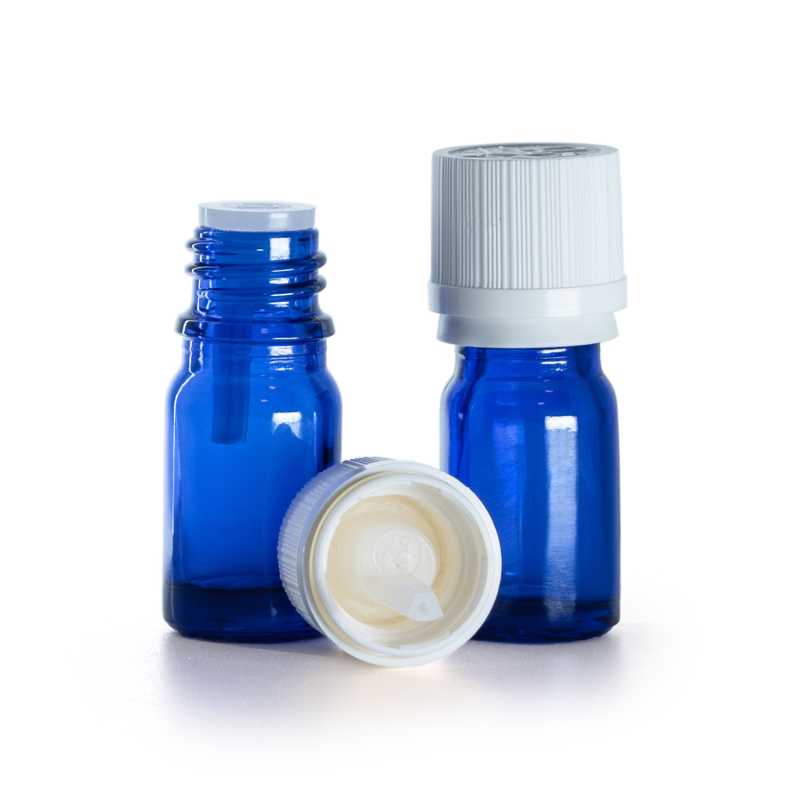 Botella de vidrio, azul, tapón de seguridad inviolable blanco con cuentagotas, 5 ml