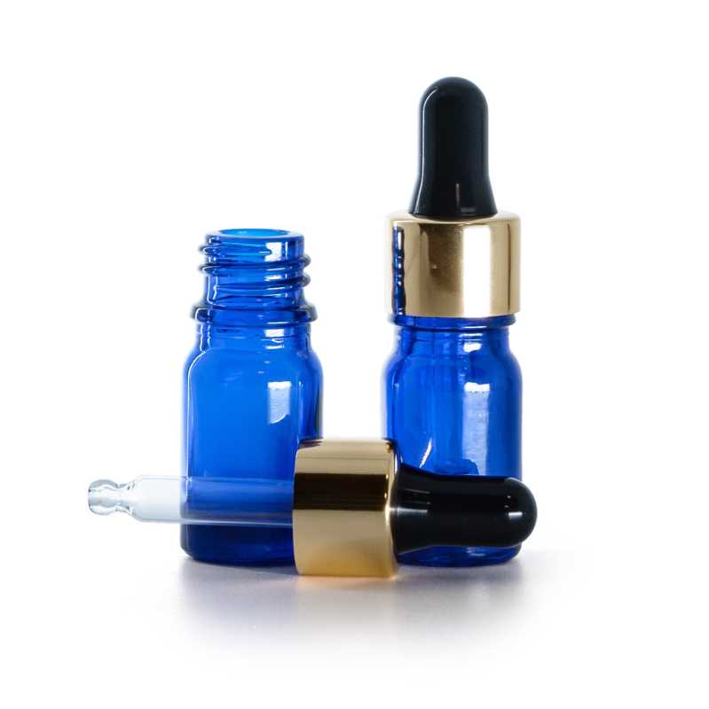 Frasco de vidrio, azul, cuentagotas negro dorado, 5 ml