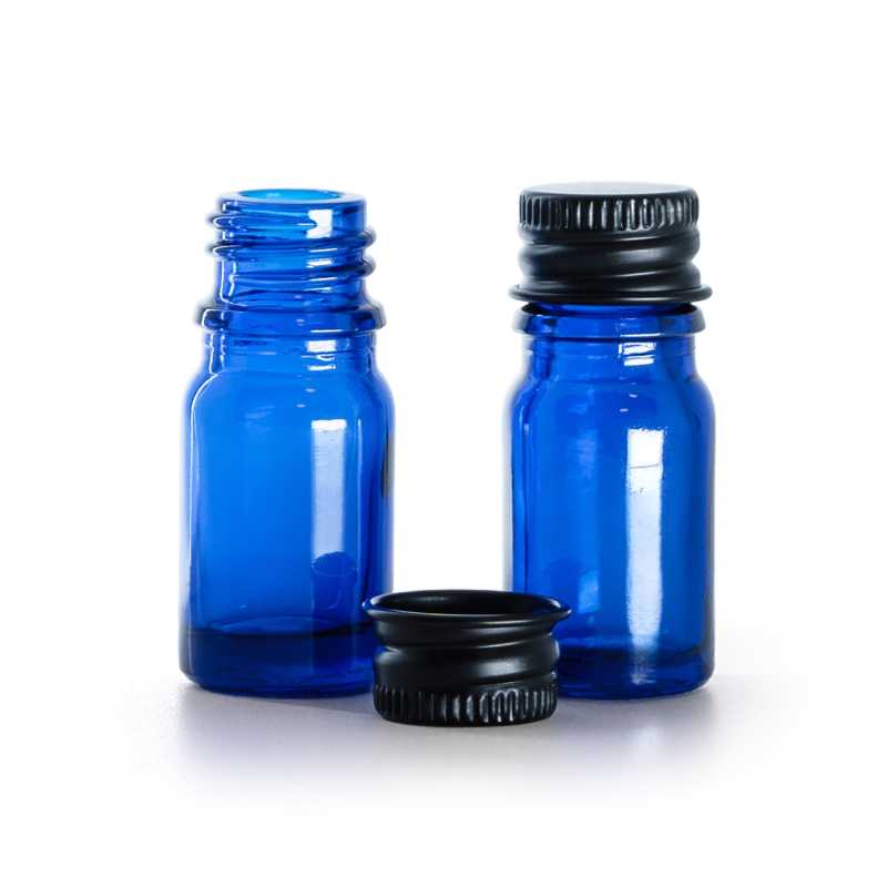 Frasco de vidrio, gotero, azul, tapón de aluminio negro, 5 ml