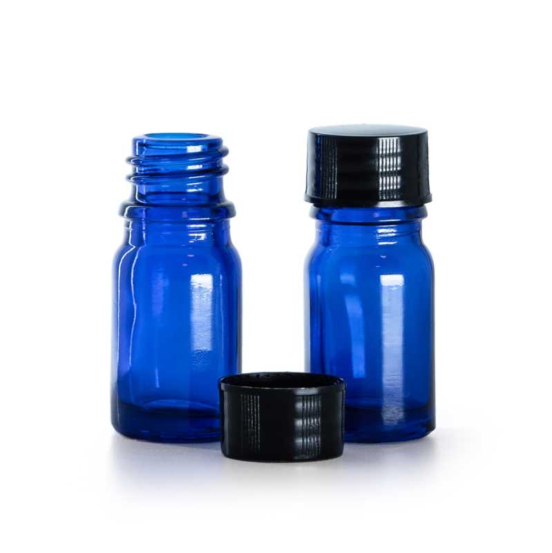 Botella de vidrio, azul, tapón negro, 5 ml