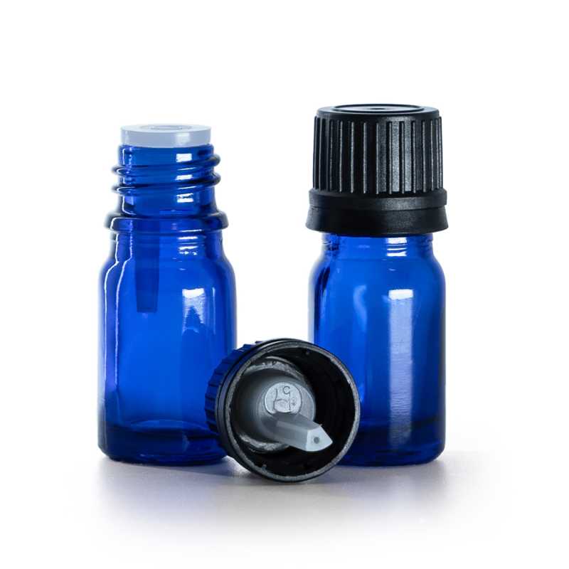 Frasco de vidrio azul, tapón negro con cuentagotas, 5 ml