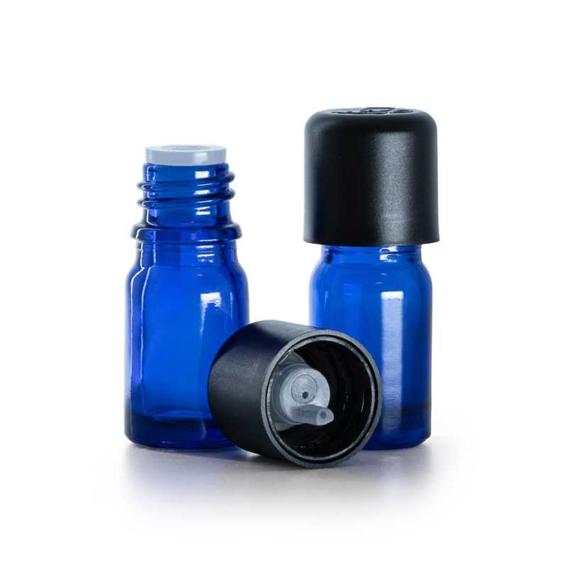 Frasco de vidrio azul, tapón de seguridad inviolable negro con cuentagotas, 5 ml