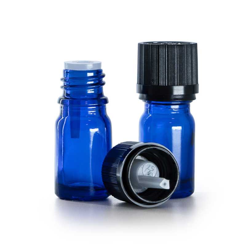 Frasco de vidrio azul, tapón de seguridad negro, cuentagotas, 5 ml
