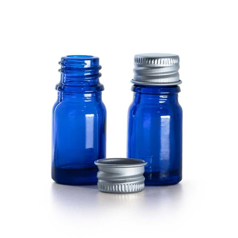 Frasco de vidrio azul, tapón de aluminio, 5 ml
