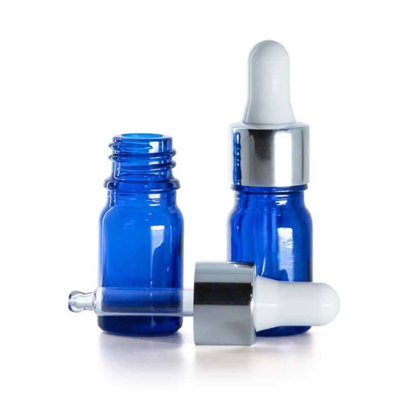 Botella de vidrio, azul, cuentagotas plateado brillante, 5 ml