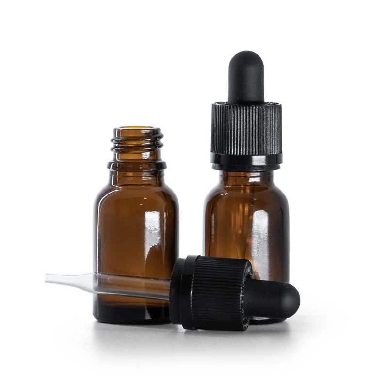 Botella de vidrio ámbar, cuentagotas de seguridad inviolable negro, 15 ml