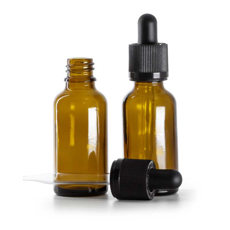 Frasco de vidrio, ámbar, cuentagotas de seguridad con precinto, 30 ml